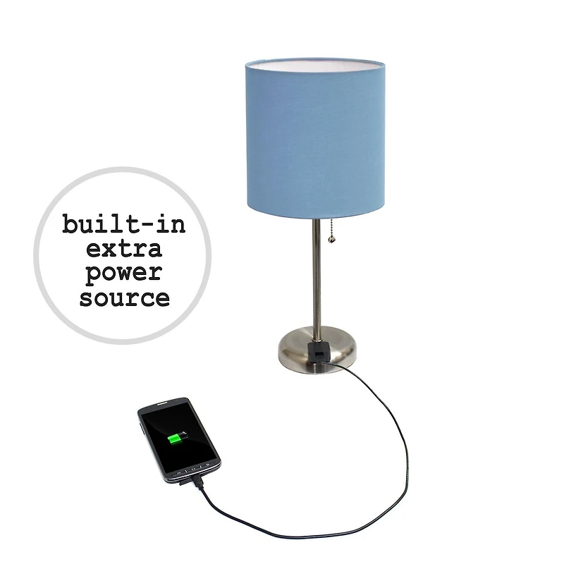 LimeLights Lampe bâton en acier brossé avec prise de charge et abat-jour en tissu, paquet de 2