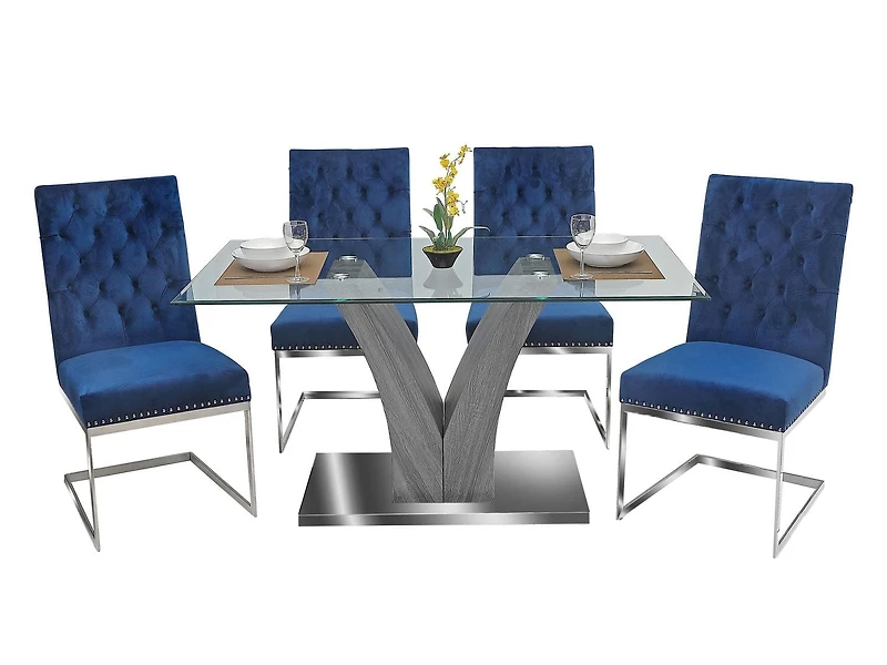 K-Living Shelly Ensemble de salle à manger 5 pièces avec plateau en verre trempé et table de base chromée avec chaises en velours bleu (1 table et 4 chaises)