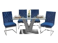 K-Living Shelly Ensemble de salle à manger 5 pièces avec plateau en verre trempé et table de base chromée avec chaises en velours bleu (1 table et 4 chaises)
