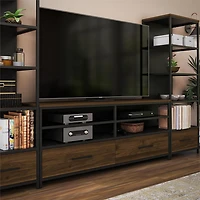 Ameriwood Home Structure TV Stand for TVs up to 60", Sterling Oak Wood Veneer with Black Metal and Black Glass