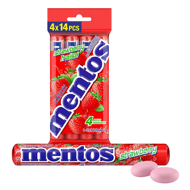 Mentos Menthes moelleuses, Fraise, Paquet de 4 rouleaux (56 pcs), rouleau de 37g