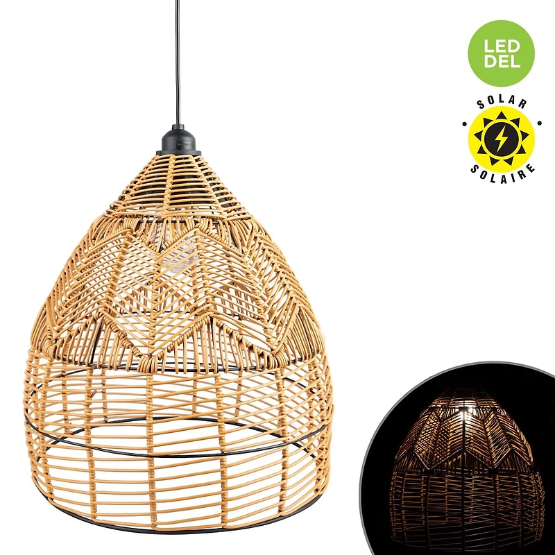 SOLAR HANGING LED LAMP WITH RATTAN STYLE SHADE, WARM WHITE
