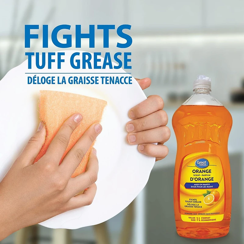 Détergent liquide pour vaisselle au parfum d’orange Great Value 1 litre