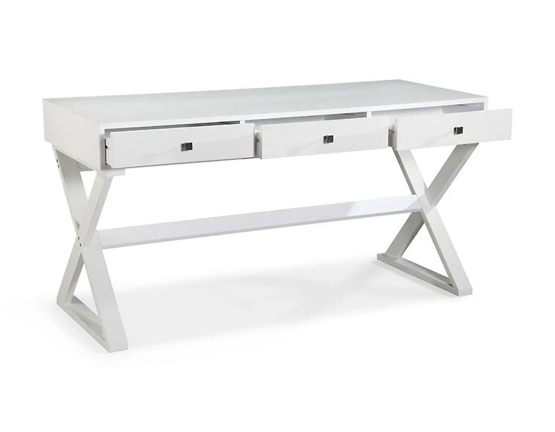 Willow Desk in White, MDF Desk, White Desk with Drawers, White Matte Desk, White Desk with Wood Legs, White X-Base Desk, Living Room Desk, Office Desk, Bedroom Desk