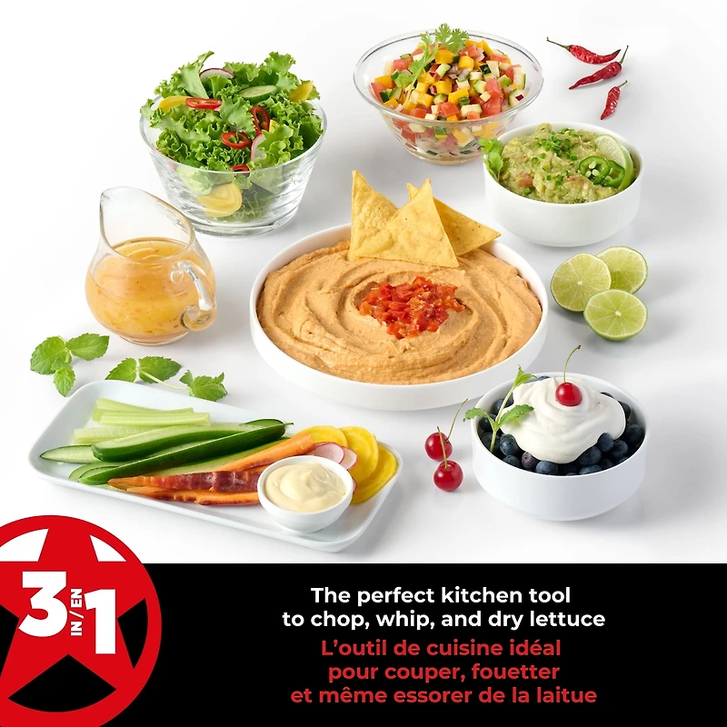 Starfrit Pro Food Processor & Mixer 3-in-1 Manual Food Chopper, Whisk & Salad Spinner, Ice Crushing, 2 Speeds, 1L Bowl, Salsa, Hummus, Mayo & Dressing