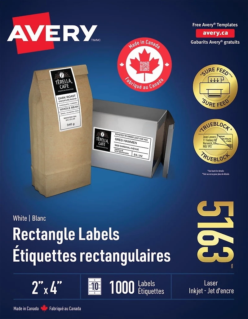 Avery Étiquettes rectangulaires blanches avec technologie Sure Feed, TrueBlock, 2 po x 4 po, pour imprimantes laser et à jet d'encre - 5163