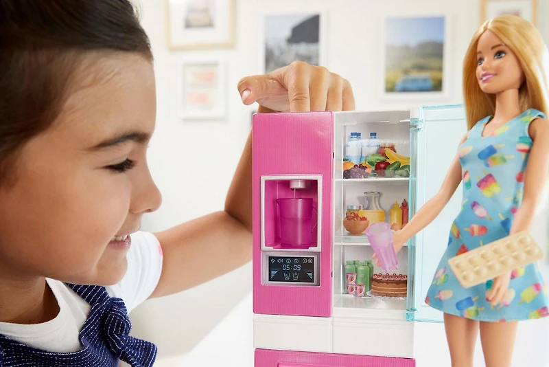 Barbie Doll, Blonde, and Furniture Set, Refrigerator with Working Water Dispenser