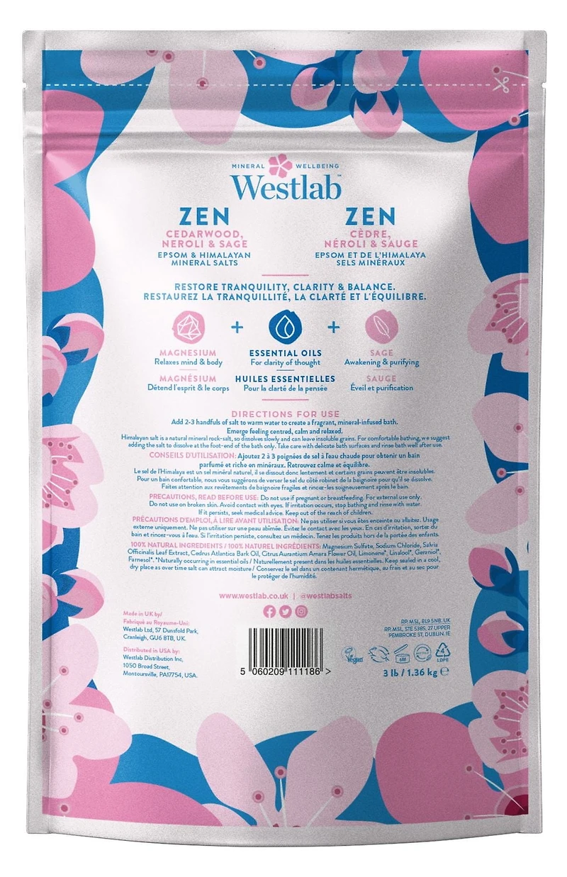 Westlab Zen - Epsom & Himalayan Bathing Salts with Cedarwood, Neroli & Sage Oils | 100% natural, 100% vegan, 100% cruelty-free, 1.36Kg (3lb)