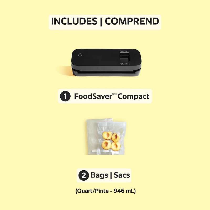 FoodSaver Compact Vacuum Sealer, Space-Saving Food Preservation System, Includes 2 Quart-Size Bags (946 mL)