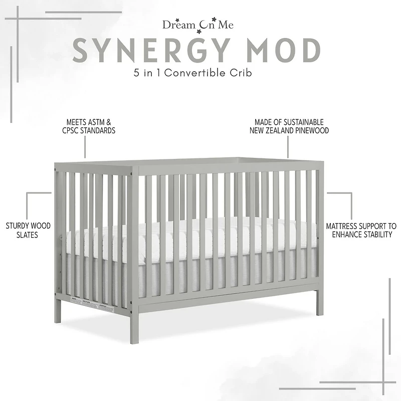Dream On Me Synergy MOD Crib, Made with Sustainable New Zealand Pinewood, Convertible Crib