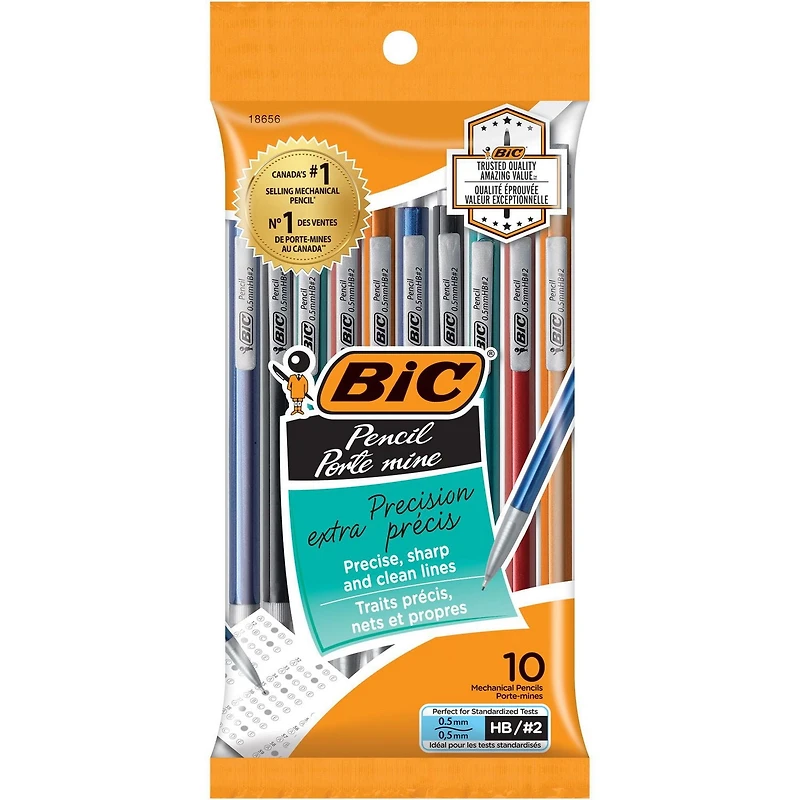 Porte-mine Extra-Précision de BIC, corps métallique, pointe fine (0,5 mm), 10 unités, traits précis pour une calligraphie soignée Lot de 10