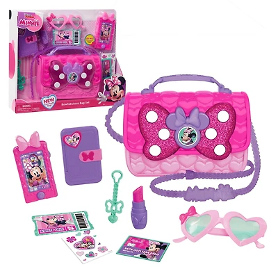 Ensemble de Sac Bowfabuleux de Minnie Mouse de Disney Junior, Sac à 9 Eléments pour Jouer en Faisant Semblant avec Téléphone Portable Sons et Lumières, Lunettes de Soleil et Accessoires