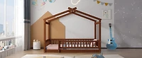Cadre de lit cabane en bois Noble House pour lit simple avec clôture, noyer