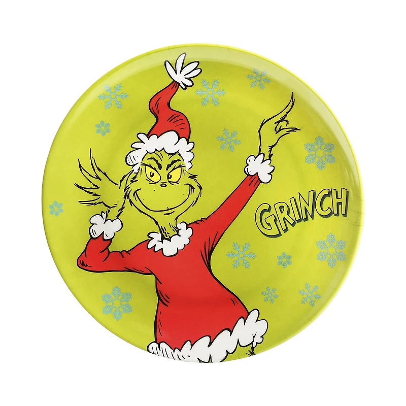 Grinch 8-Inch Melamine Plate With Snowflake Background