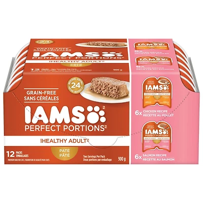 IAMS Perfect Portions Pâté Healthy Adult Recette au poulet et Recette au saumon sans céréales 12x75g