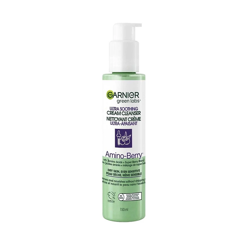 Garnier Green Labs Amino-Berry Crème nettoyante douce pour le visage hydrate et apaise la peau, 150 mL