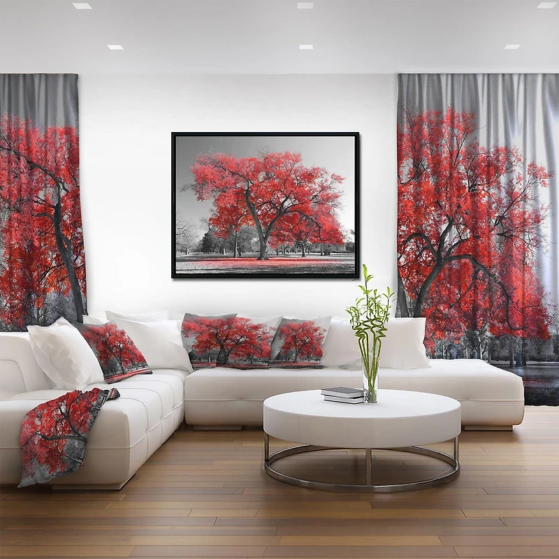 Designart Big Red Tree on Foggy Day FLOAT FRAME WALL ART