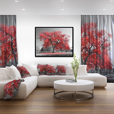 Designart Big Red Tree on Foggy Day FLOAT FRAME WALL ART