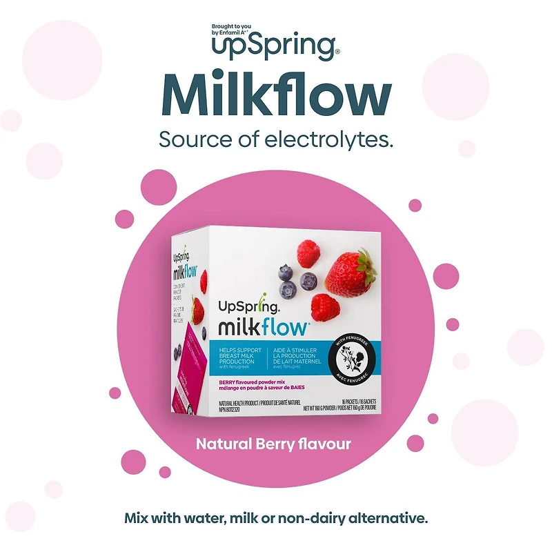 UpSpring Milkflow, mélange en poudre a saveur de BAIES, aide a stimuler la production de lait maternel, 16ct