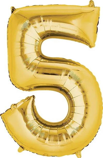 LRG SHP 5 GOLD, - Superior float time for longest-lasting decorations
- 34-inch gold foil balloon makes a bold statement
- Self-sealing valves for easy, hassle-free inflation
- Ideal for anniversaries, birthdays, and New Year parties
- 'Chiffre' collection ensures top-notch quality and styleTransform any event into