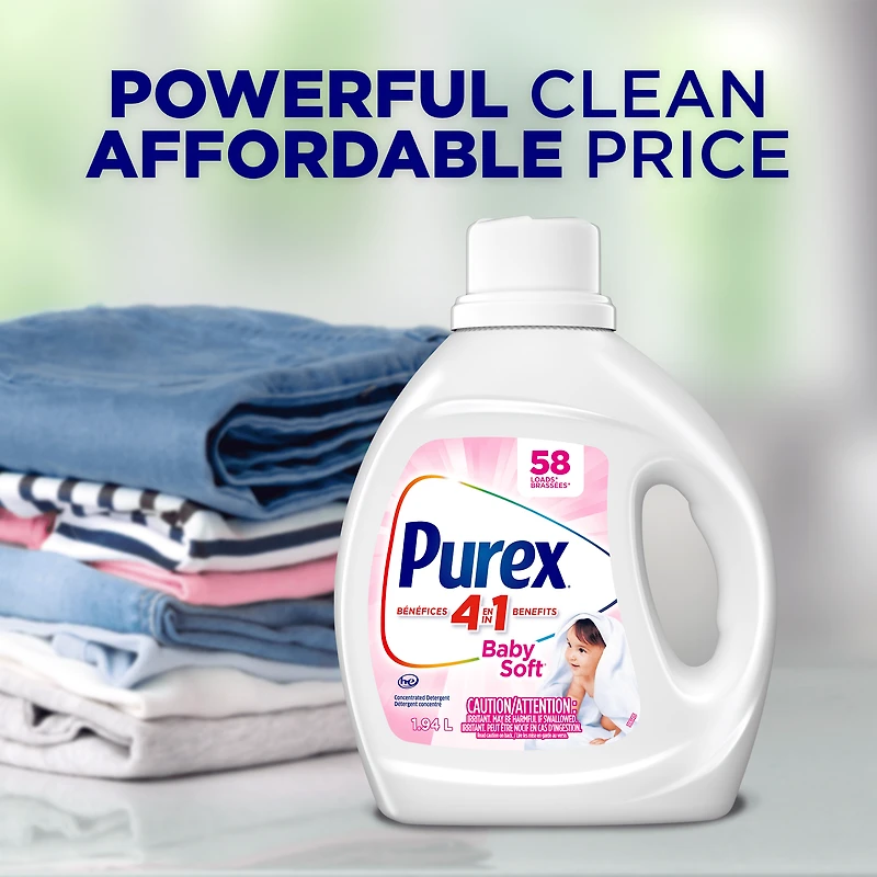 Purex Baby Soft, 4 in 1 Concentrated Hypoallergenic Liquid Laundry Detergent for Babies, Free of Dyes, Pediatric Dermatologist Tested, Gentle on Skin, 1.17L, 35 Wash Loads, HE Compatible, 1 bottle