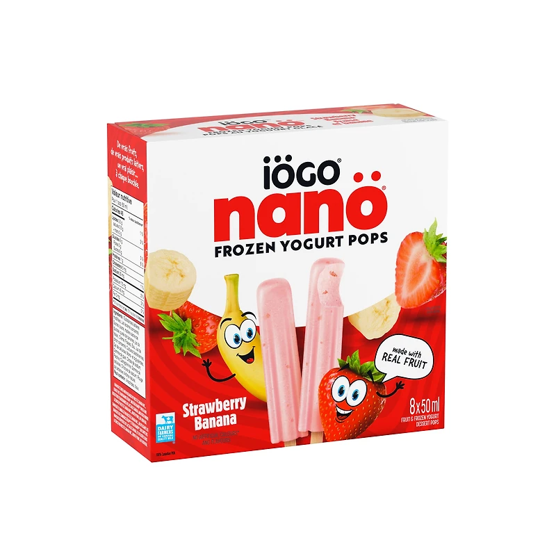 IÖGO Nano Pops au yog. glacé, Fraise et banane, vrais fruits, 45 cal. 8 x 50 ml