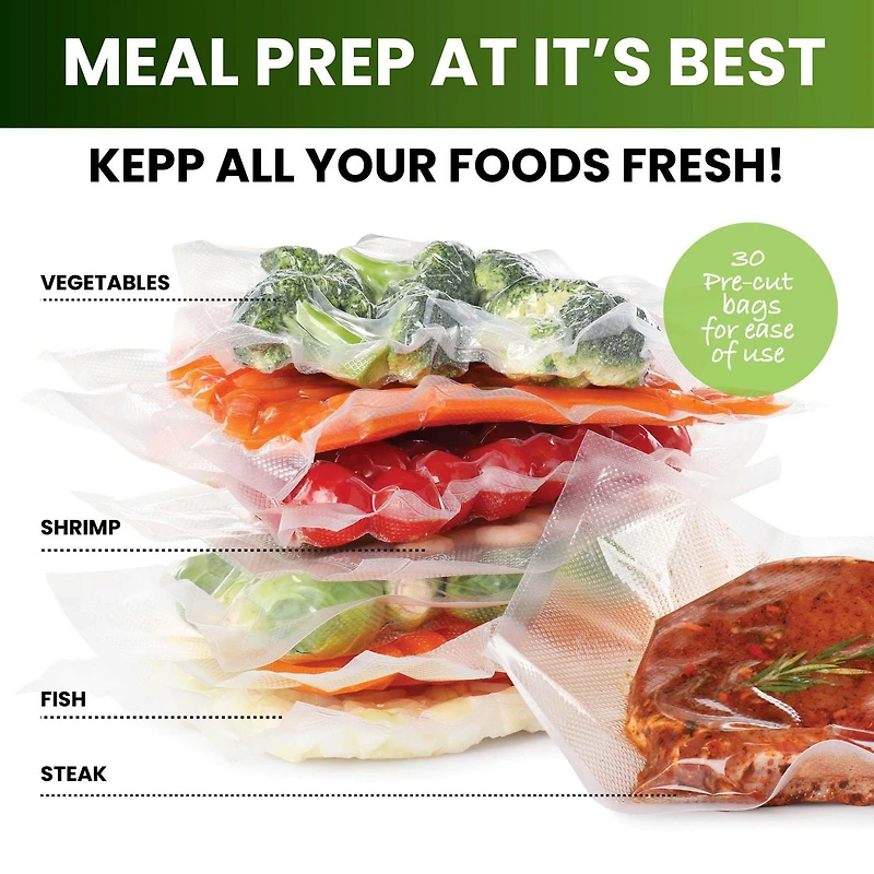 InstaSeal Transparent Sans BPA 2 Rouleaux et 30 Sacs Sous Vide Pré Coupés PA+PE Rangement Alimentaire Sécuritaire pour Congélateur