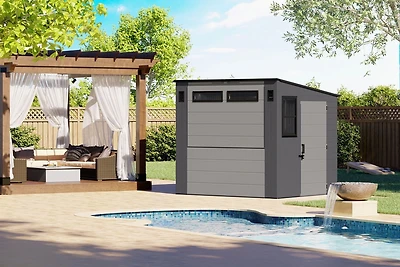 Suncast Remise de divertissement en résine 8 pi x 7 pi – Abri de rangement extérieur et bar 60 Sq ft (capacité de 362 pi³) – Gris froid / Gris colombe