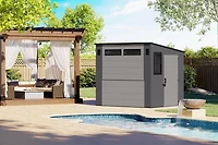 Suncast Remise de divertissement en résine 8 pi x 7 pi – Abri de rangement extérieur et bar 60 Sq ft (capacité de 362 pi³) – Gris froid / Gris colombe