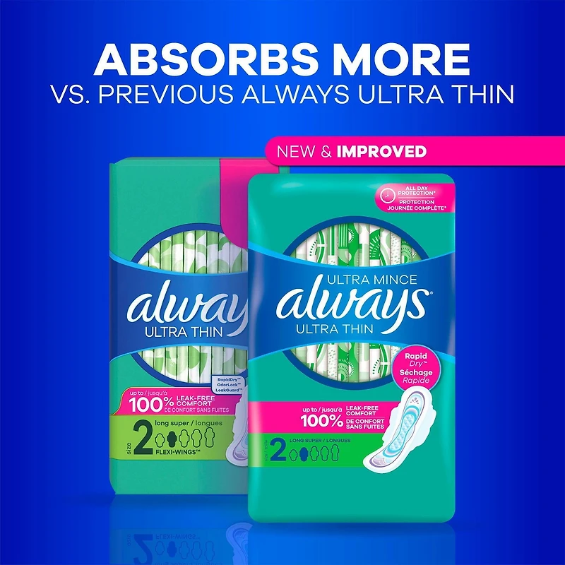Serviettes féminines Always Ultra minces, extra longues, degré d’absorption super, avec ailes, pour femmes, taille3, non parfumées, 52serviettes 52CT