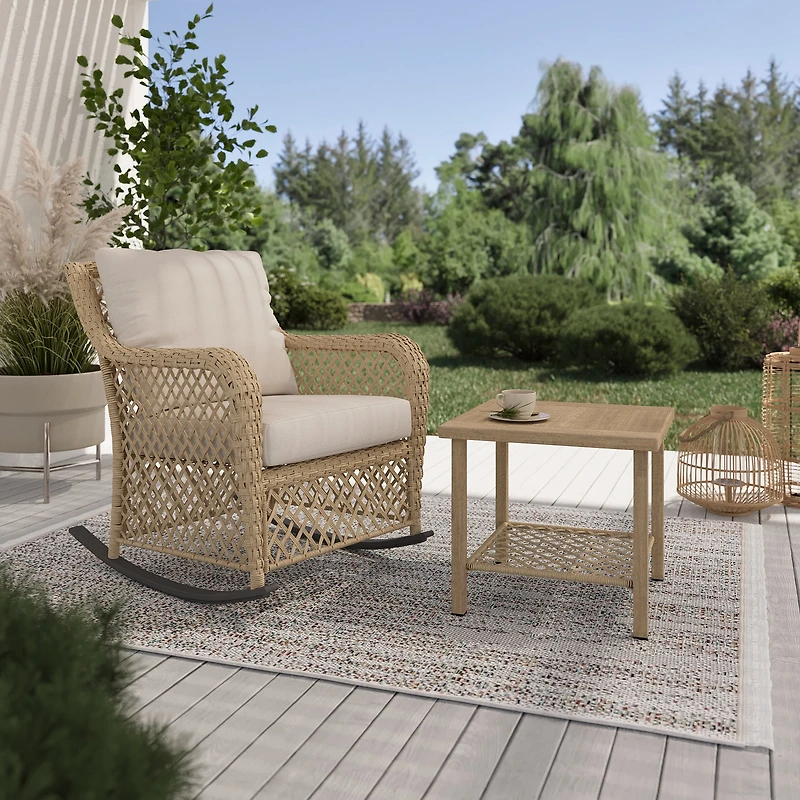 Chaise berçante extérieure en acier avec coussins Belmont HOMETRENDS, avoine
