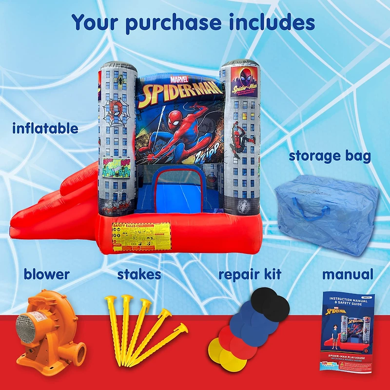 Funormous Disney Spider-Man Outdoor Bounce House with Slide, Plus Heavy Duty Air Blower with GFCI for Kids Ages 3-8 Years