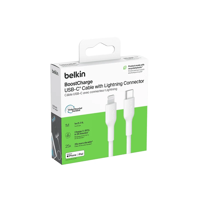 Cable BoostCharge Eco USBC vers Lightning 1 m/3,3 pi Cable souple et flexible pour charge rapide, cable chargeur Lightning pour iPhone 14 et series anterieures iPad 9e gen et AirPods BC Câble Belkin BoostCharge Eco USB-C vers Lightning (1 m/3,3 pi) - Câble souple et flexible pour charge rapide, câble chargeur Lightning pour iPhone 14 et séries antérieures, iPad 9e génération et AirPods - Blanc