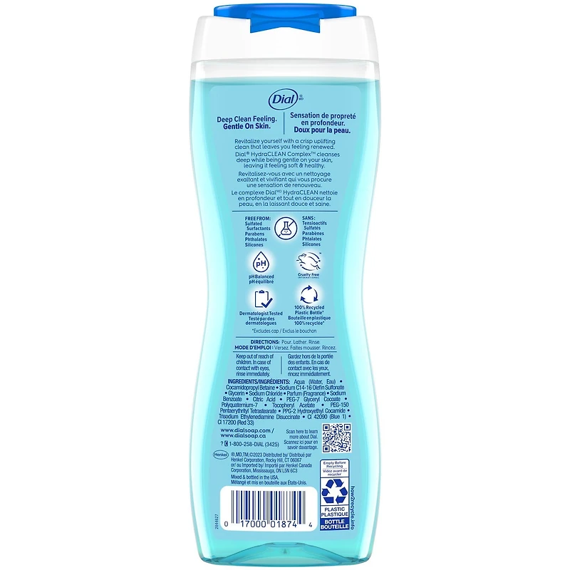 Nettoyant rafraîchissant pour le corps à l’eau de source Dial, 473 ml, testé par des dermatologues, sans silicones, parabènes, phtalates ni SLS, emballage de 1 1 bouteille, 473 ml