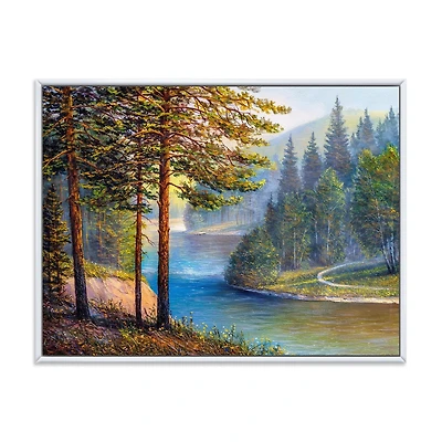 Designart Lumière du soleil du matin à travers la forêt de pins et de sapins ART MURAL À CADRE FLOTT