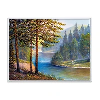 Designart Lumière du soleil du matin à travers la forêt de pins et de sapins ART MURAL À CADRE FLOTT