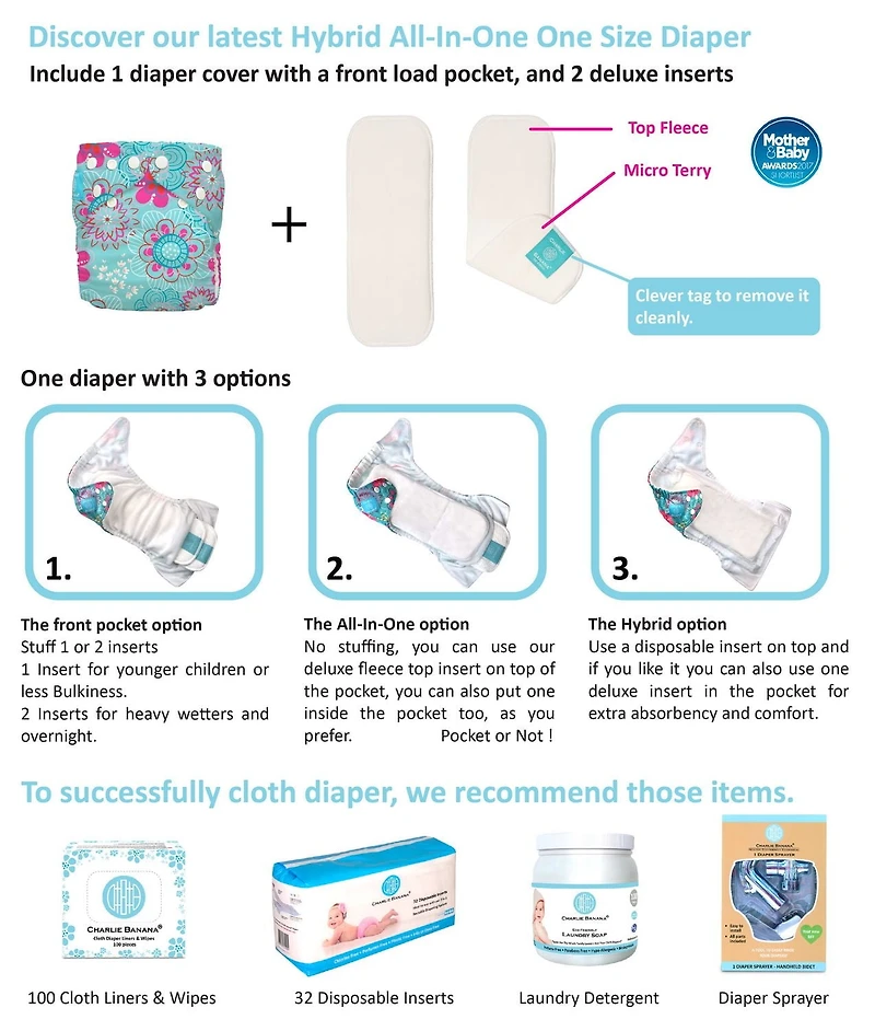 Couches-culottes tout-en-un réutilisable Charlie Banana à 6 Inserts à motif « Oceana Hybrid »