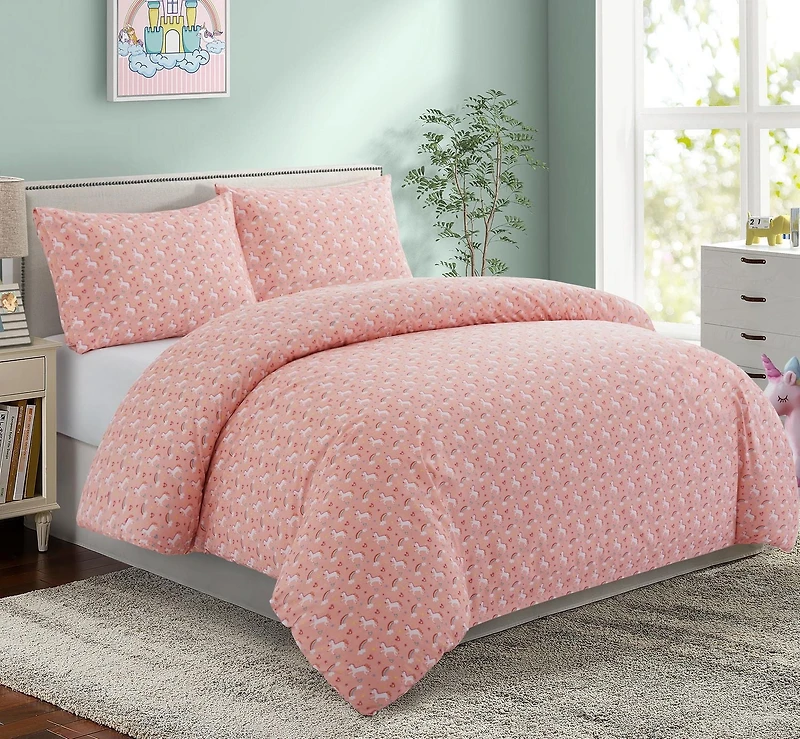 Ensemble de literie Marina Décoration pour enfants et filles, imprimé, en coton doux 600 fils, avec housse de couette et drap-housse, motif licorne rose et arc-en-ciel