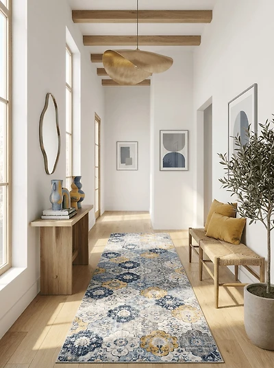 Tapis Branch Savannah 2' x 19' (Taille exacte : 2'3" x 19') Tapis de couloir d'intérieur moderne du milieu du siècle, bleu gris, entrée, couloir, salle de bain et cuisine contemporains