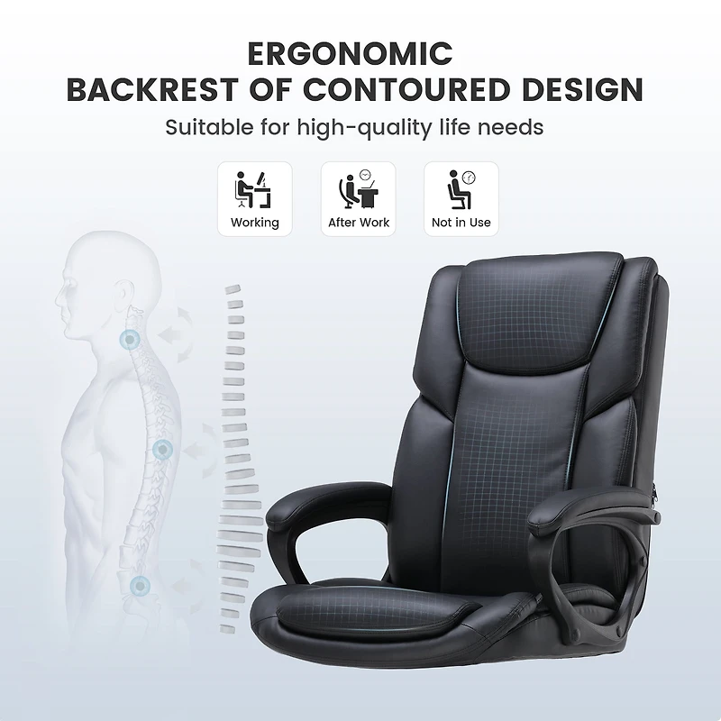 Chaise de bureau ergonomique à dossier haut en cuir Mainstays Executive, noire. Conçue pour les adultes, cette chaise est idéale pour les professionnels, les travailleurs à distance et les étudiants u