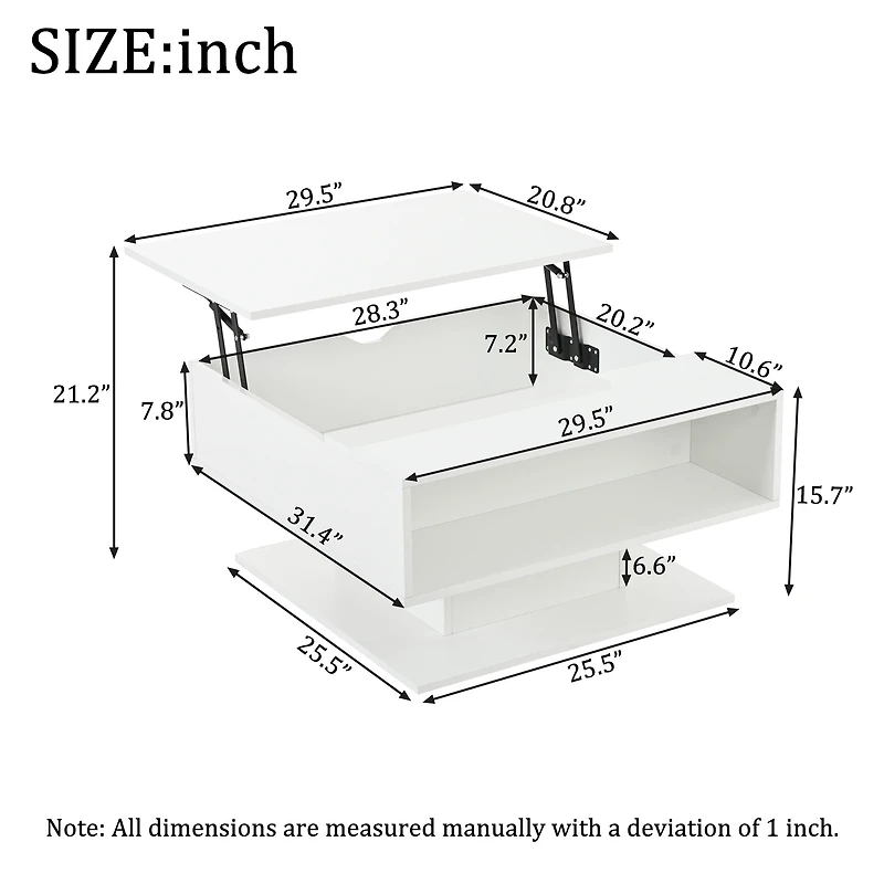 Homy Casa, White LED Lift Top Coffee Table with Open Storage and High Gloss Finish for Living Room