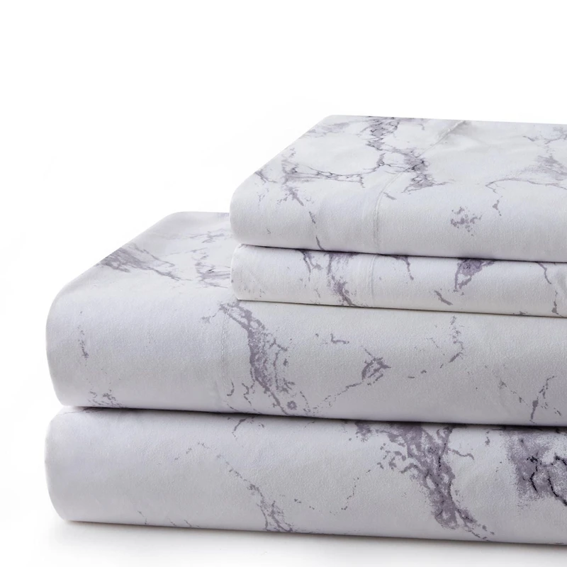Marina Decoration Printed 600 Thread Count Soft Deep Pocket Hotel Standard Long Staple Cotton Blend Percale All Season Bedding Sheet Set, White Marble Pattern