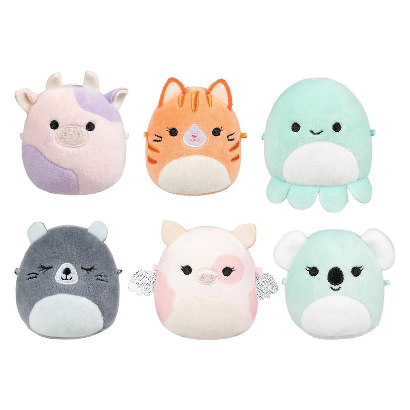 Paquet de 6 Micromallows – Patty Vache, Gigi Chat Tigré, Zobey Pieuvre, River Castor, Peety Cochon, Coco Koala Squishmallows ! Rejoins l'équipe !