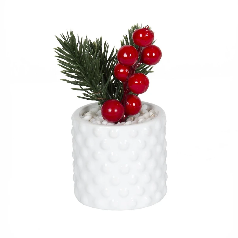 Faux pin miniature Yaga avec baies dans un pot blanc