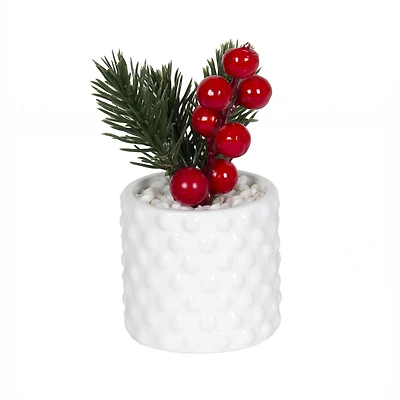 Faux pin miniature Yaga avec baies dans un pot blanc