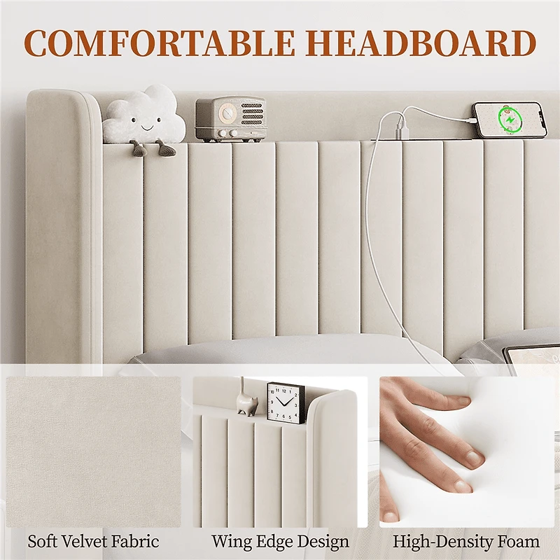 Fullfurnique Cadre de Lit Capitonné en Velours avec Prises de Courant et Ports USB, Double, Beige