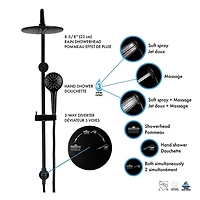 Thermostatique valve avec déviateur 4 voies d'akuaplus®, Système de barre de douche ajustable, douchette 3 réglages, pommeau de douche et bec de bain,  fini noir mat
