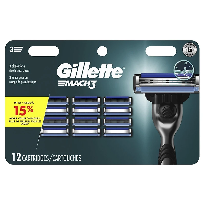 Cartouches de rechange Gillette Mach3, 12cartouches de rasoir, cartouches de rechange pour hommes avec bande lubrifiante, 3lames de rasoir pour un rasage de près 12CT