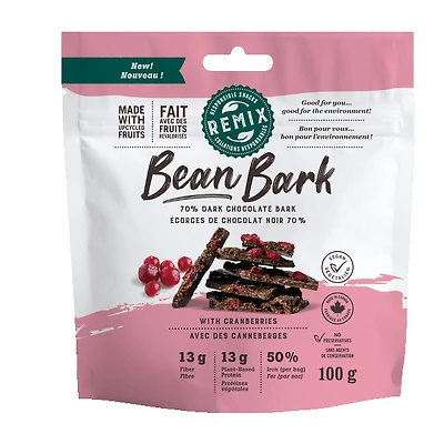 Remix Snacks Bean Bark Cranberry Dark Chocolate 100g, 70% dark chocolate