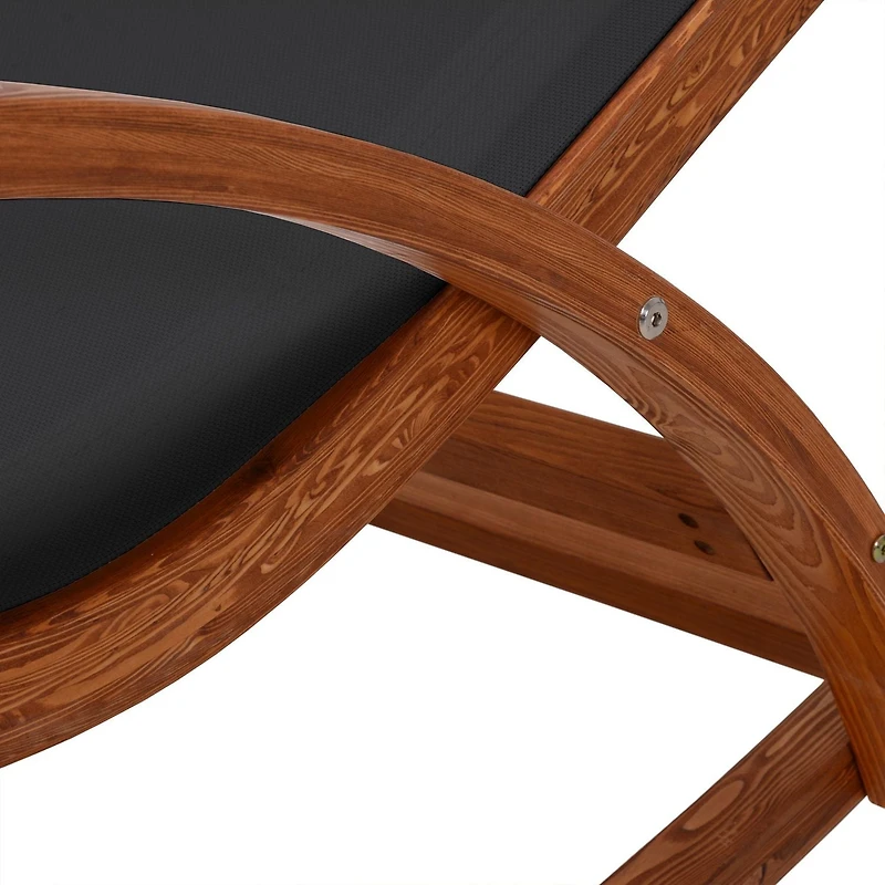 Outdoor Cedar Wood Patio Lounge Daybed with Black Textilene Fabric & Canopy